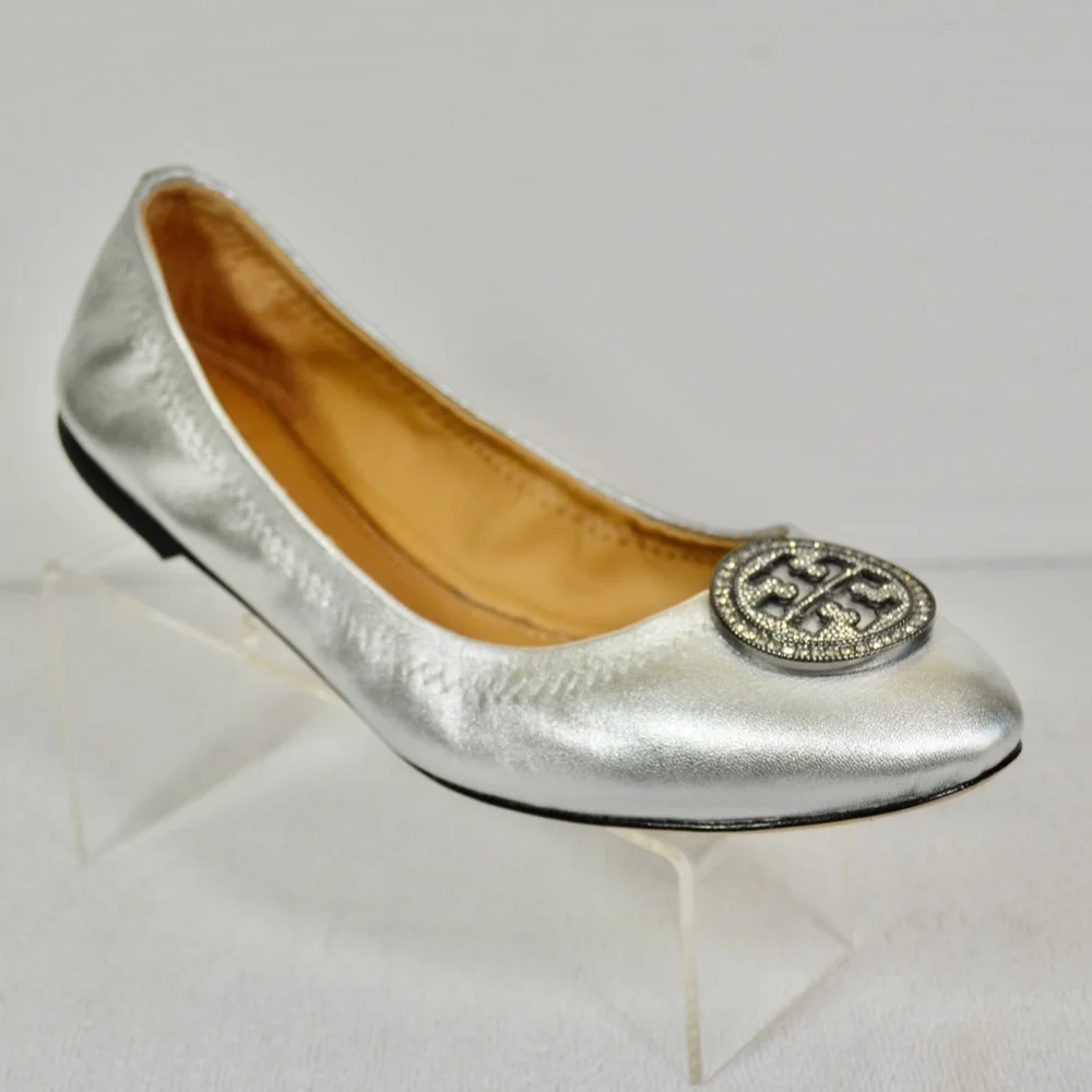 Tory Burch Women's Liana Round Toe Rhinestone Logo Metallic Leather Ball…